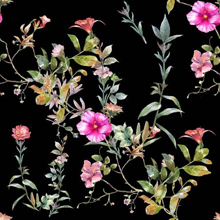 Watercolor painting of leaf and flowers, seamless pattern on dark backgroundの写真素材