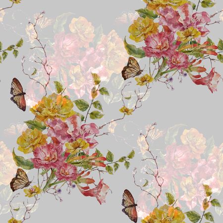 Watercolor painting of leaf and flowers, seamless pattern on gray backgroundの写真素材