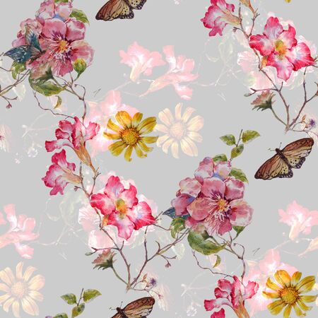 Watercolor painting of leaf and flowers, seamless pattern on gray backgroundの写真素材