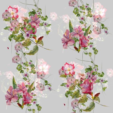 Watercolor painting of leaf and flowers, seamless pattern on gray backgroundの写真素材