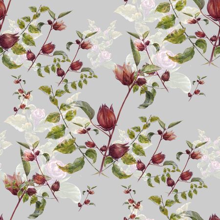Watercolor painting of leaf and flowers, seamless pattern on gray backgroundの写真素材