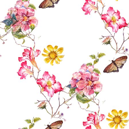 Watercolor painting of leaf and flowers, seamless pattern on white backgroundの写真素材