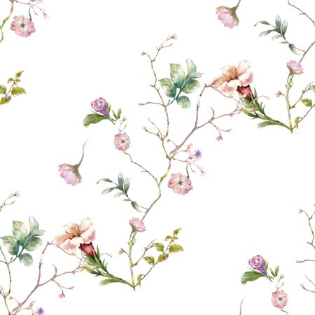 Watercolor painting of leaf and flowers, seamless pattern on white backgroundの写真素材