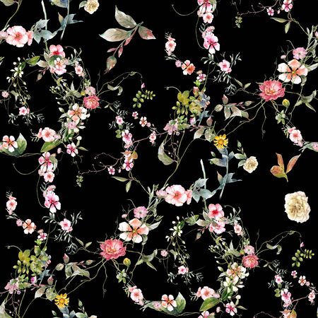 Watercolor painting of leaf and flowers, seamless pattern on dark backgroundの写真素材