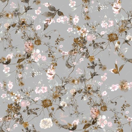 Watercolor painting of leaf and flowers, seamless pattern on gray backgroundの写真素材