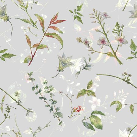 Watercolor painting of leaf and flowers, seamless pattern on gray backgroundの写真素材
