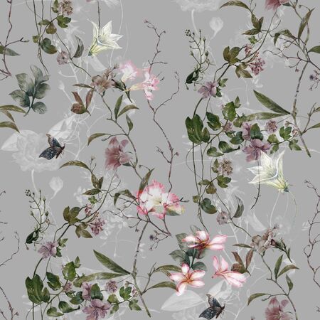 Watercolor painting of leaf and flowers, seamless pattern on gray backgroundの写真素材