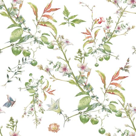 Watercolor painting of leaf and flowers, seamless pattern on white backgroundの写真素材