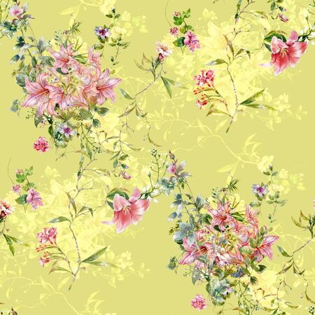 Watercolor painting of leaf and flowers, seamless pattern on Cream Yellow backgroundの写真素材