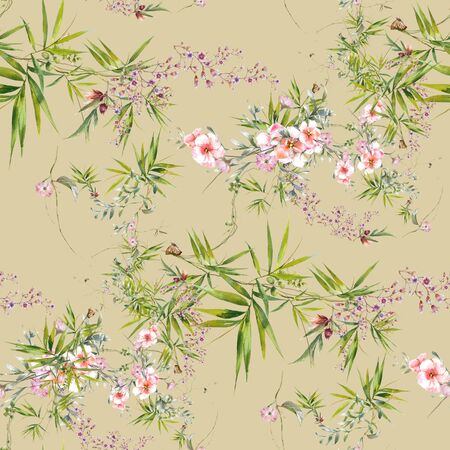 Watercolor painting of leaf and flowers, seamless pattern on Cream Yellow backgroundの写真素材