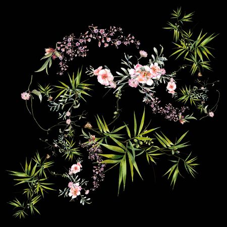 watercolor painting of leaves and flower, on dark backgroundの写真素材