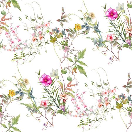 Watercolor painting of leaf and flowers, seamless pattern on white backgroundの写真素材