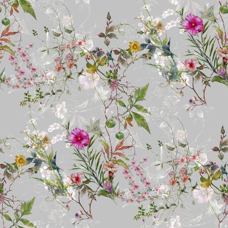 Watercolor painting of leaf and flowers, seamless pattern on gray backgroundの写真素材