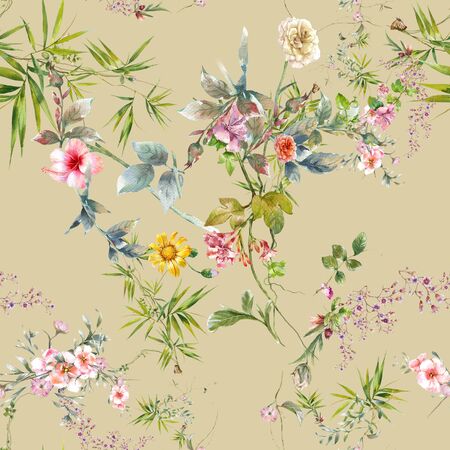 Watercolor painting of leaf and flowers, seamless pattern on Cream Yellow backgroundの写真素材