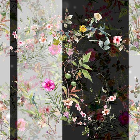 Watercolor painting of leaf and flowers, seamless pattern on dark backgroundの写真素材