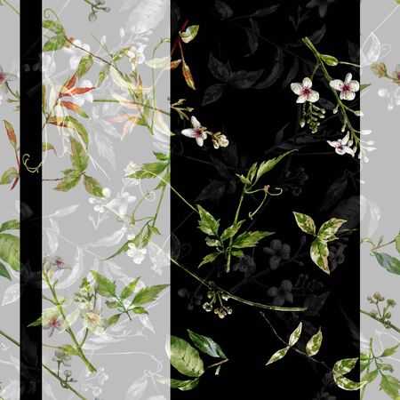 Watercolor painting of leaf and flowers, seamless pattern on dark backgroundの写真素材