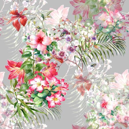 Watercolor painting of leaf and flowers, seamless pattern on gray backgroundの写真素材