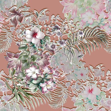 Watercolor painting of leaf and flowers, seamless pattern on gray backgroundの写真素材
