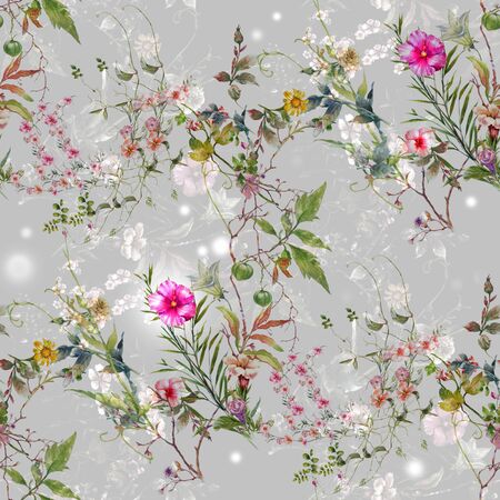 Watercolor painting of leaf and flowers, seamless pattern on gray backgroundの写真素材