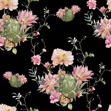 Watercolour painting of leaf and flowers, seamless pattern on dark backgroundの写真素材