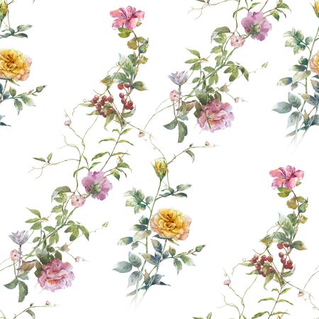 Watercolor painting of leaf and flowers, seamless pattern on white backgroundの写真素材