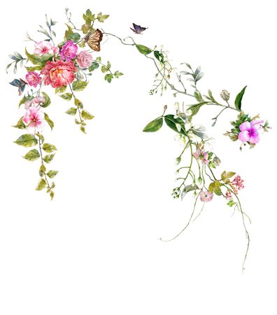 watercolor painting of leaves and flower, on white backgroundの写真素材