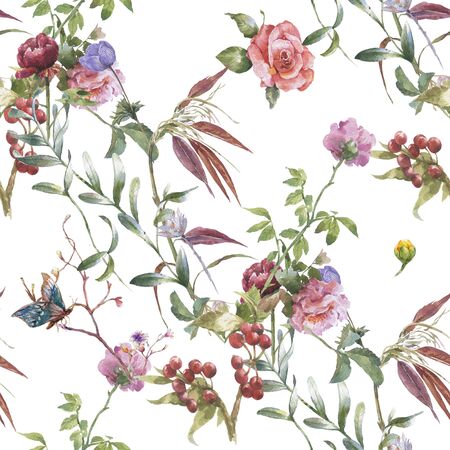Watercolor painting of leaf and flowers, seamless pattern on white backgroundの写真素材