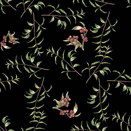 Watercolor painting of leaf and flowers, seamless pattern on dark backgroundの写真素材