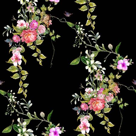 Watercolor painting of leaf and flowers, seamless pattern on dark backgroundの写真素材