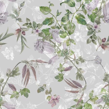 Watercolor painting of leaf and flowers, seamless pattern on gray backgroundの写真素材