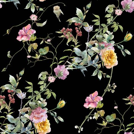 Watercolor painting of leaf and flowers, seamless pattern on dark backgroundの写真素材