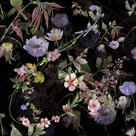 Watercolor painting of leaf and flowers, seamless pattern on dark backgroundの写真素材