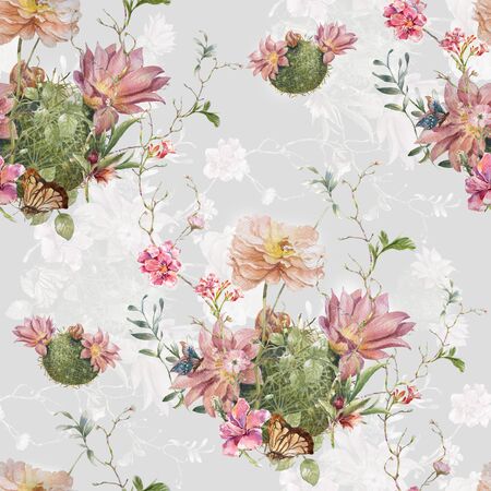 Watercolor painting of leaf and flowers, seamless pattern on gray backgroundの写真素材