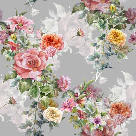 Watercolor painting of leaf and flowers, seamless pattern on gray backgroundの写真素材