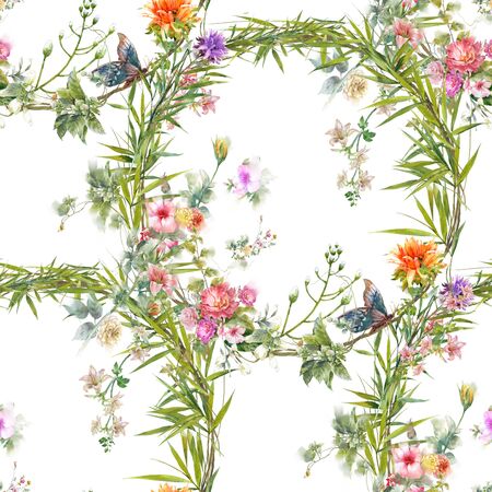 Watercolor painting of leaf and flowers, seamless pattern on white backgroundの写真素材