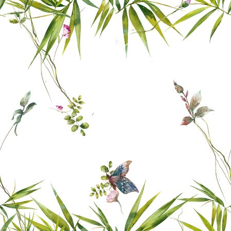 Watercolor painting of leaf and flowers, pattern on white backgroundの写真素材
