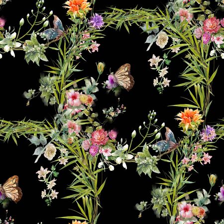 Watercolor painting of leaf and flowers, seamless pattern on dark backgroundの写真素材