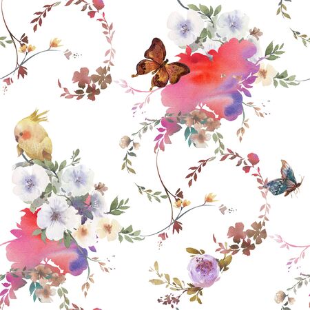 Watercolor painting of leaf and flowers, seamless pattern on white backgroundの写真素材