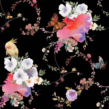 Watercolor painting of leaf and flowers, seamless pattern on dark backgroundの写真素材