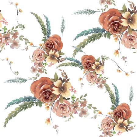 Watercolor painting of leaf and flowers, seamless pattern on white backgroundの写真素材