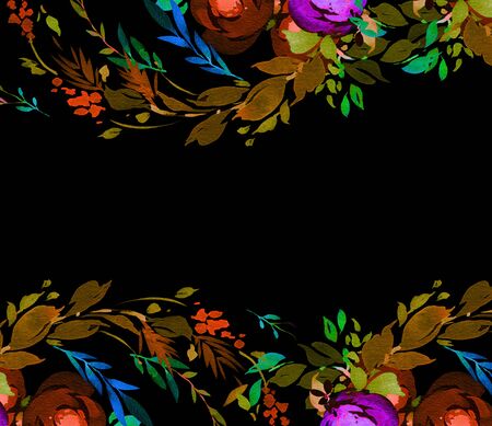 watercolor painting of leaves and flower, on dark backgroundの写真素材