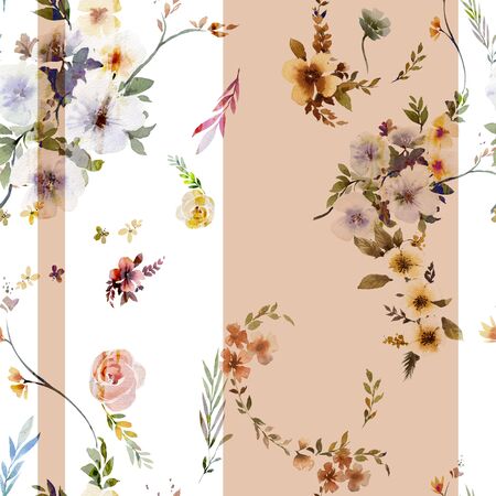Watercolor painting of leaf and flowers, seamless pattern on white backgroundの写真素材