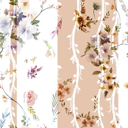 Watercolor painting of leaf and flowers, seamless pattern on white backgroundの写真素材