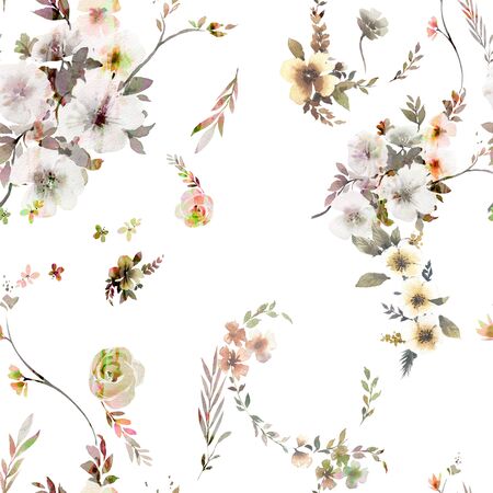 Watercolor painting of leaf and flowers, seamless pattern on white backgroundの写真素材