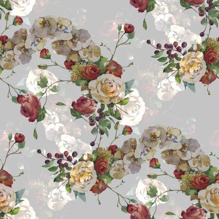 Watercolor painting of leaf and flowers, seamless pattern on gray backgroundの写真素材