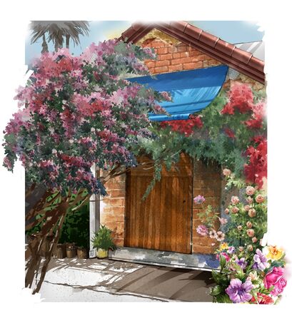 Abstract colorful flowers watercolor painting. Spring  with buildings and wallsの写真素材