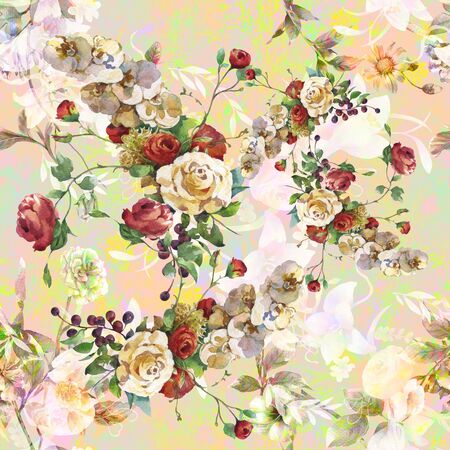 Watercolor painting of leaf and flowers, seamless patternの写真素材