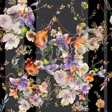 Watercolor painting of leaf and flowersの写真素材