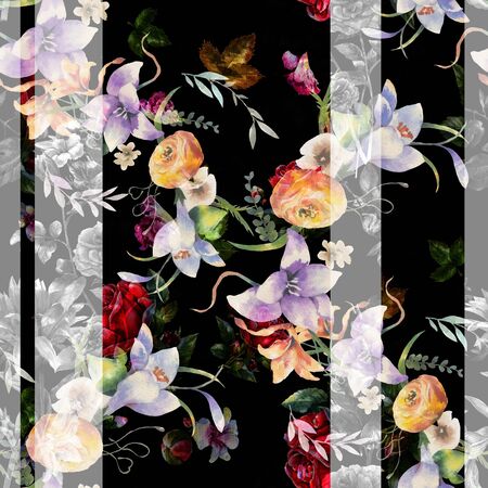 Watercolor painting of leaf and flowers, seamless pattern on dark backgroundの写真素材