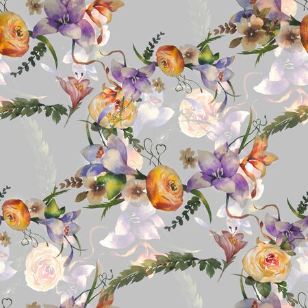Watercolor painting of leaf and flowers, seamless pattern on gray backgroundの写真素材
